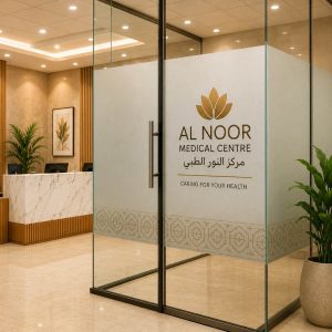 medical centre reception signage Kuwait – frosted glass branding